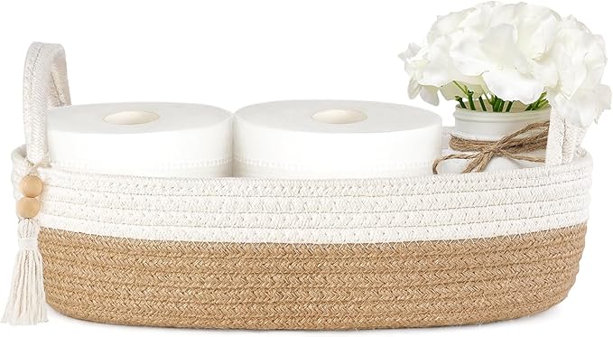 Mkono Small Storage Basket for Toilet Tank Top Boho Bathroom Decor Woven Rope Toilet Paper Tray Organizer for Shelf Bedroom Living Room, Brown and White, 1 Pack, 13" L x 6" W