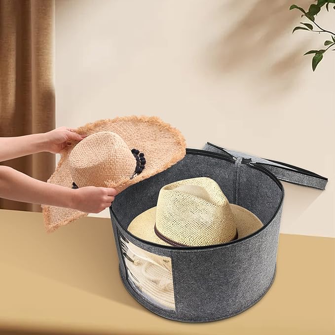 Large Hat Storage Box for Women & Men, 16" D x 10" H Hat Box Organizer，Foldable Round Travel Hat Boxes with Dustproof Lid, Stuffed Toy Storage Bin Bag (Medium Gray)