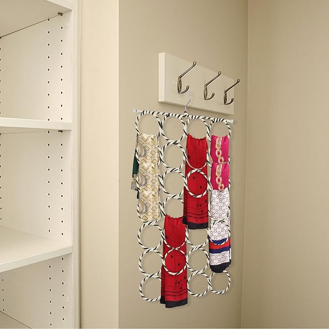 Creative Paper Rattan Scarf Rack 28-Ring Scarf Organizer Holder Clothes Hanging Ring Wardrobe Storage Neckties Ties Space-Saving Closet Accessory Organizer Random Color
