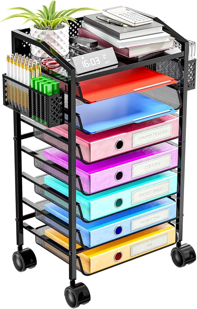 Simple Trending 8 Tier Small Rolling File Cart, Metal Desk File Organizer with Sliding Trays and Two Pen Holders, Metal Mesh Paper Letter Storage Multi Functional Rolling Clutter Cart, Black