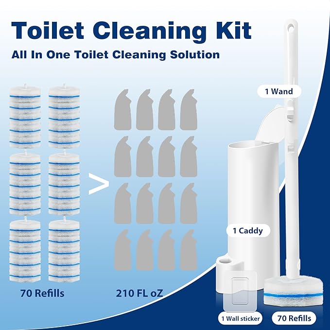 Disposable Toilet Brush and Holder Set, Toilet Bowl Wand Starter kit-1 Toilet Brush Wand, 1 Storage Caddy&70 Pre-Filled Cleaning Refills for deep Cleaning Toilet, Mess-Free Bathroom Cleaning Tool.