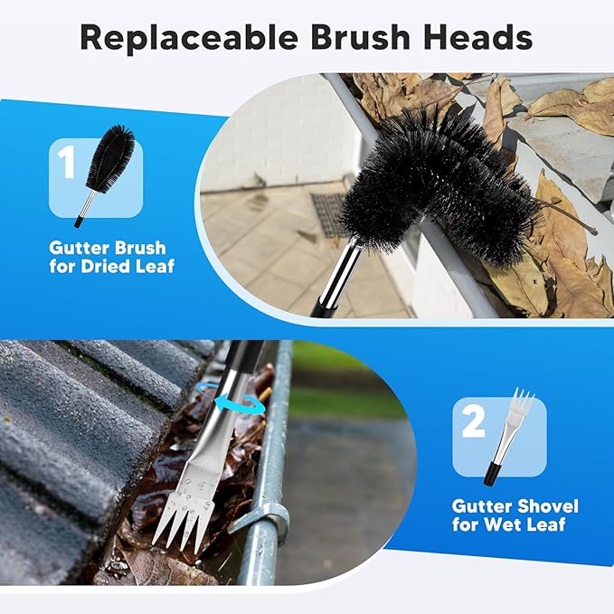 11.8FT Gutter Cleaning Tools From the Ground, No Ladder Needed - Adjustable Gutter Cleaner Pole with Replaceable Brush & Shovel for Roof Rain Gutters Cleans Leaves and Debris with Grip Tapes