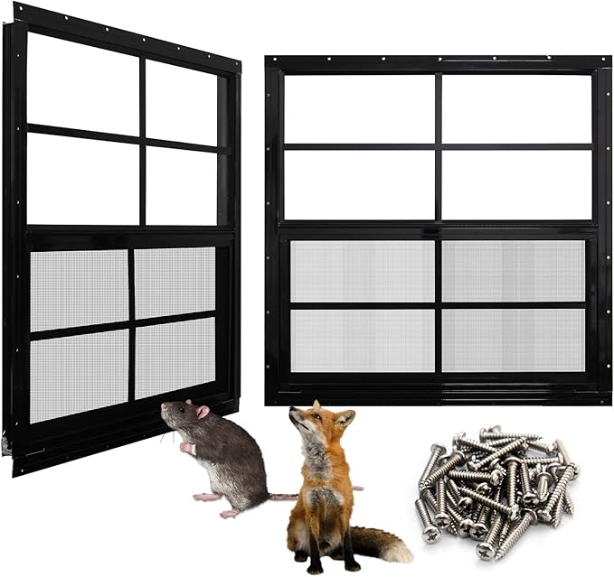 NeatiEase Upgraded Shed Windows 2 Pack, 24" x 24" Windows with Tempered Glass and Stainless Steel Screen for Shed, Chicken Coop, Playhouse, Household, Garage(Black)