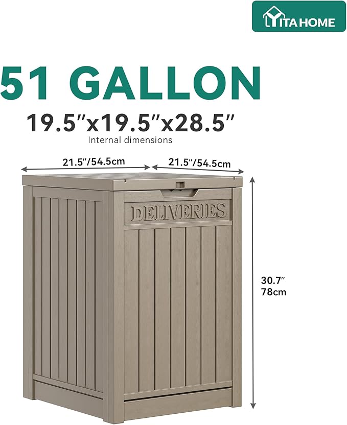 YITAHOME Outdoor Package Delivery Storage Box 51 Gallon, Secure Lockable Resin Package Delivery Container, Deck Box for Porch & Curbside, Brown