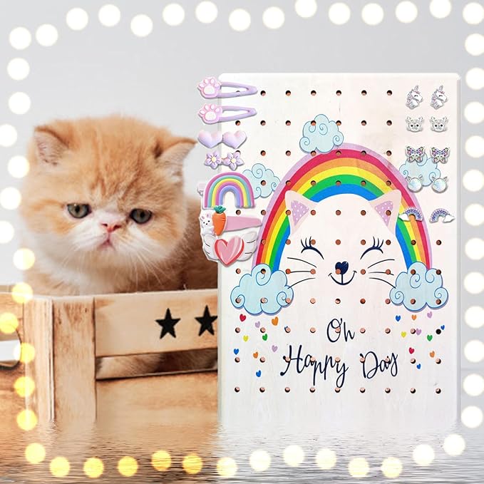 Hanging Jewelry Holder Organizer, Nursery Decor Jewelry Hanger Wall Mount,Hanging Jewelry Organizer for Stud Earrings,Necklaces,Rings (Rainbow Cat)