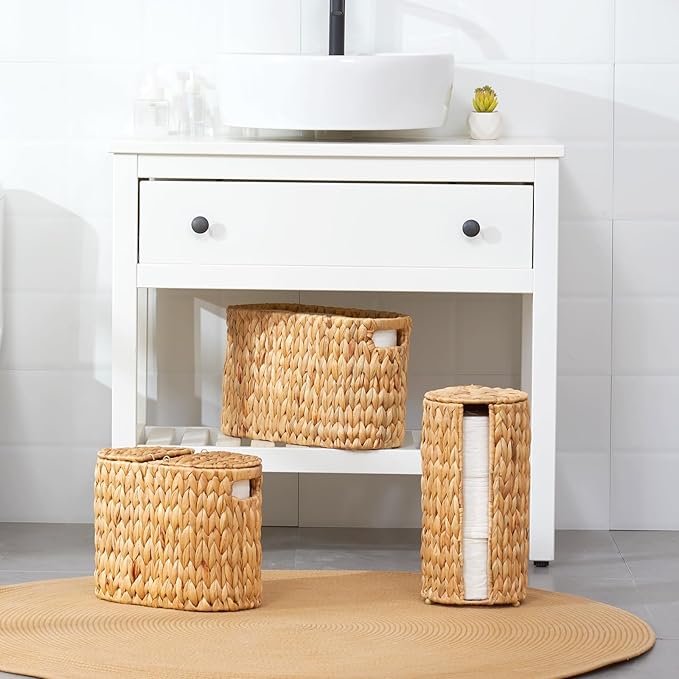 ELONG HOME Toilet Paper Basket with Lid for 6 Rolls, Water Hyacinth Wicker Toilet Paper Storage Holder, Toilet Paper Storage for Bathroom