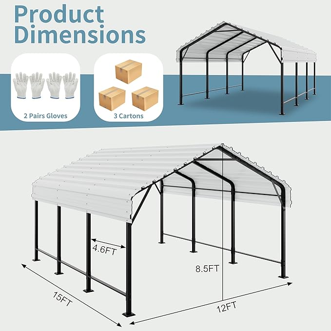Shintenchi 12x15 FT Metal Carport, Oversized Carport Garage with Enhanced Base, Outdoor Galvanized Car Shelter, Heavy Duty Carports Canopy, for Car, Boats and Tractors, White