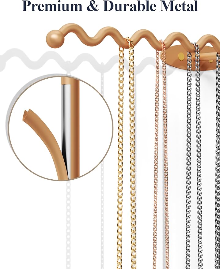 NiHome Wall Mounted Metal Jewelry Organizer Racks for Necklaces, Earrings, Bracelets, Rings, Decorative Display Wave Design Storage Holders for Bedroom, Bathroom, Kitchen, Entryway (4-Pack, Gold)