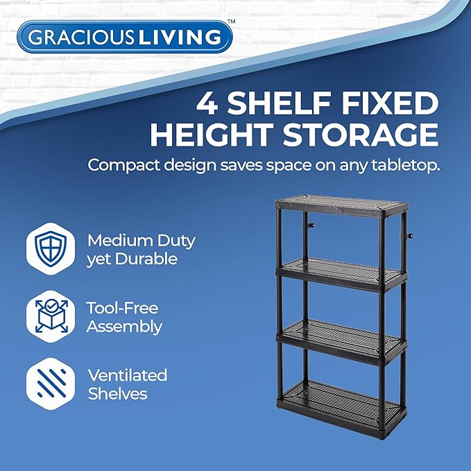 Gracious Living 4 Shelf Fixed Height Ventilated Medium Duty Storage Unit 14 x 32 x 54.5" Organizer System for Home, Garage, Basement, & Laundry, Black