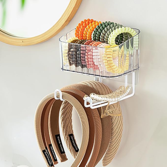 MORNITE Adhesive Clear Hanging Headband Organizer Wall, Makeup Storage Box with Brackets Rack Caddy for Hair Headband Jewelry Clips Pins Rings