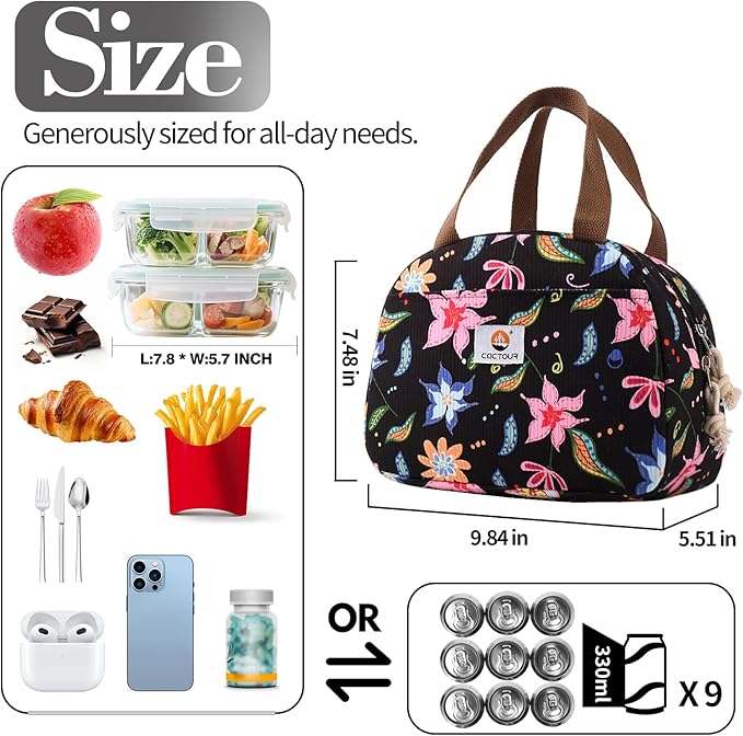 Lunch Box Lunch Bag for Women Girls Teens, Cute Lunch Box Cooler Bag, Portable Small Insulated LunchBox Reusable Corduroy Lunch Tote for Work/Travel/Picnic/School - Floral