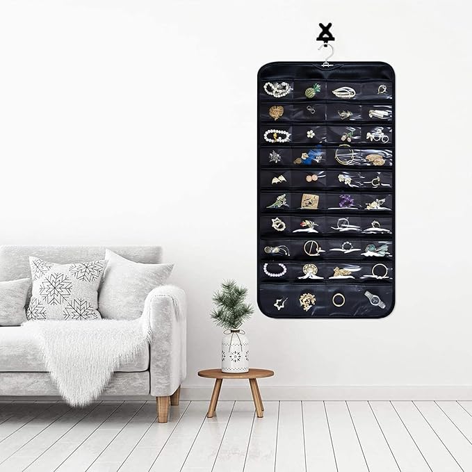 Hanging Jewelry Organizer Storage Roll with Hanger Metal Hooks Double-Sided Jewelry Holder for Necklaces, Earrings, Rings on Door, Wall, Closet, 48 Pocket Organizer,Black