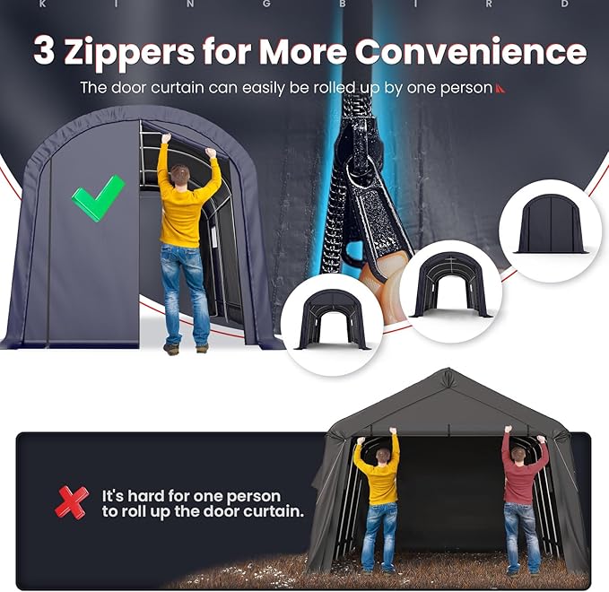 KING BIRD 10' x 15' Round Style Garage Shelter Heavy Duty Storage Shelter Carport Portable Canopy Shed with Roll-up Ventilated Windows for Boat, Patio Furniture and Lawn Mower-Dark Gray
