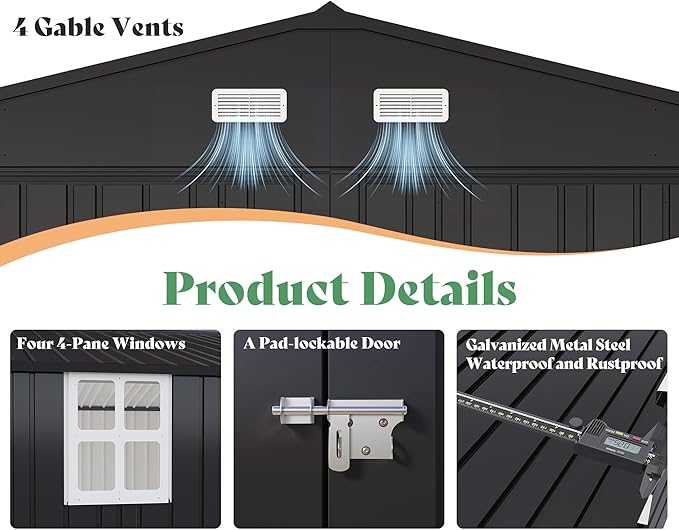 AMERLIFE 13x21x8.4 FT Heavy Duty Metal Garage Shed, Extra Large Outdoor Storage Shed with Double Hinged Doors & 4 Windows, Carport for Car, Boat, Truck and Equipment Storage, Dark Gray