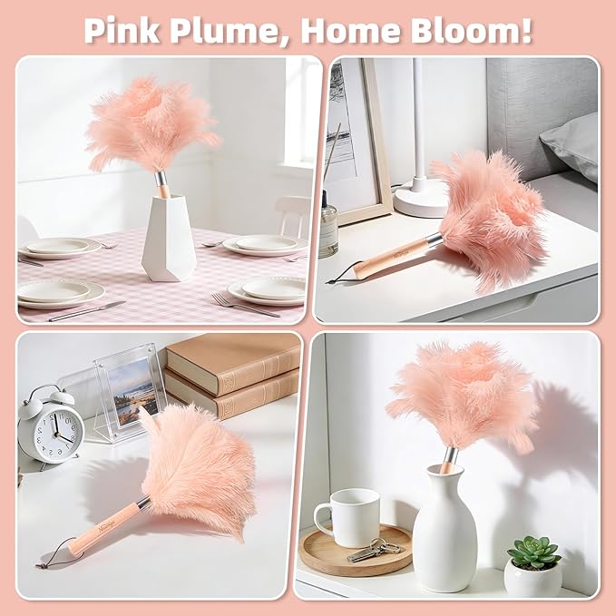 Pink Ostrich Feather Duster with Wooden Handle, 13.5 inch Natural Fluffy Cleaning Tool for Dusting Home, Car, Delicate Surfaces, Reusable Decorative Duster for Ledges, Blinds & Valentines Home Decor