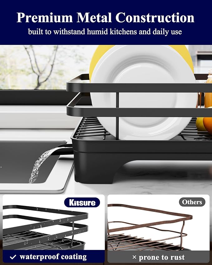 Kitsure Dish Drying Rack - Multi-Functional Dish Rack for Kitchen Counter with Cutlery Holder, Rust-Proof Storage Solution with Rotatable, 15.7" x 12.0" x 5.5", Black