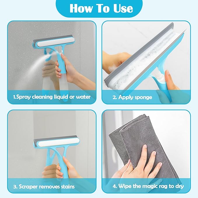 XANGNIER Window Cleaner Tool Kit,2025 3 in 1 Window Cleaning Scraper with Spray,Thickened Magic Cleaning Cloth,Window Scrubber Cleaning Squeegee for Glass,Mirror,Shower Doors,Car Windshields(Blue)