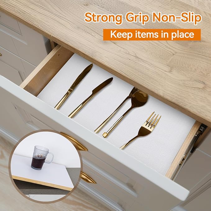 Shelf and Drawer Liner for Kitchen Cabinets Non-Adhesive, Strong Grip Non-Slip Thickened Cabinet Liners for Shelves, Waterproof Mats for Dresser Cupboard, White, 12 in x 20 Feet