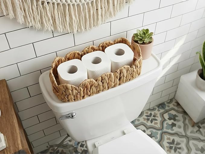 Toilet Tank Basket,Toilet Paper Storage Basket Bathroom Counter Organizer Wicker Baskets for Organizing,Holds Up to 3 Mega Rolls,Natural Water Hyacinth Boho Decor Bathroom