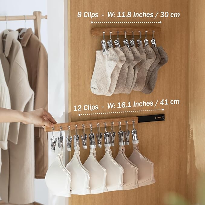 MORNITE Pull Out Hat Rack for Closet, Sliding Hooks Hanger Rack with Clips for Bras Caps Underwear Socks Scarves Gloves Handkerchiefs, Dual Side 8 Clips Rail, 2 Pcs