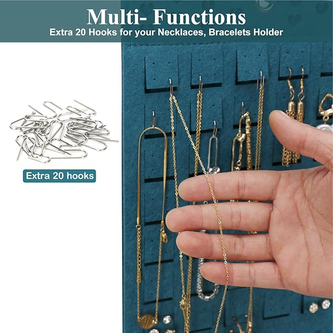 Hanging Earrings Organizer, Wall Earring Holder with 20 Hooks, Holds Up To 300 Pairs, Compact Design, Soft Material-Dark Green