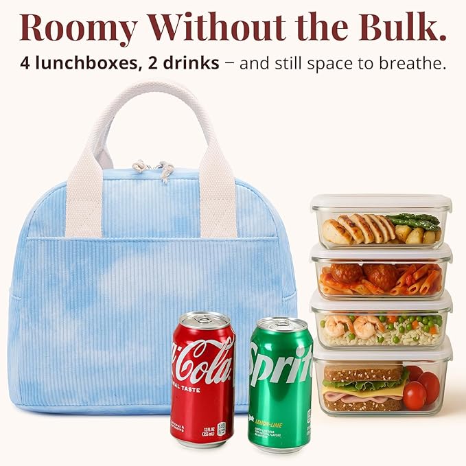 Insulated Sky Blue Lunch Bag for Women, Stylish Corduroy Tote with Aluminum Lining, Large Capacity Reusable Cooler for Work, Travel, or Beach, Beige Cream Water-Resistant Lunch Box