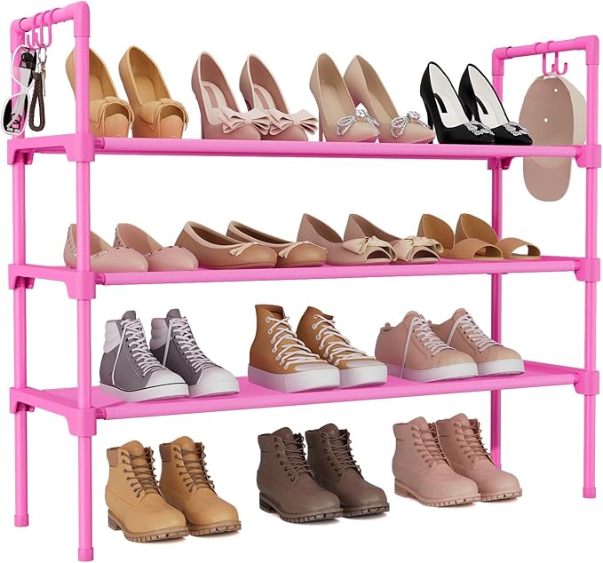 3 Tier Shoe Rack for Closet, Shoe Organizer with 5 Hooks, Long Shoe Shelf Storage for Shoe and Boot Stackable Free Standing Shoe Rack for Entryway, Garage, Small Spaces, Dorm, Pink