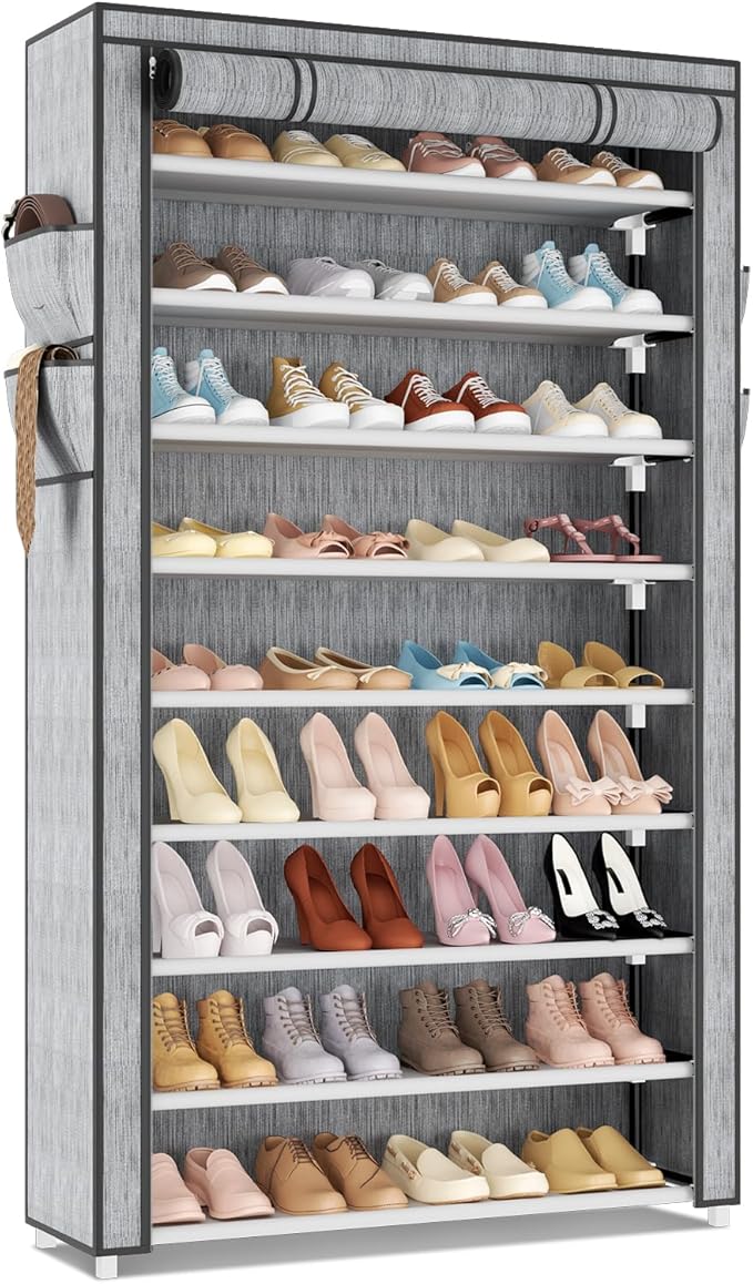 Shoe Rack with Covers 10 Tier Tall Shoe Rack Organizer Large Capacity Shoe Shelf Storage 40 Pairs Space Saving Free Standing Shoe Storage Organizer for Closet, Entryway, Dorm, Printing