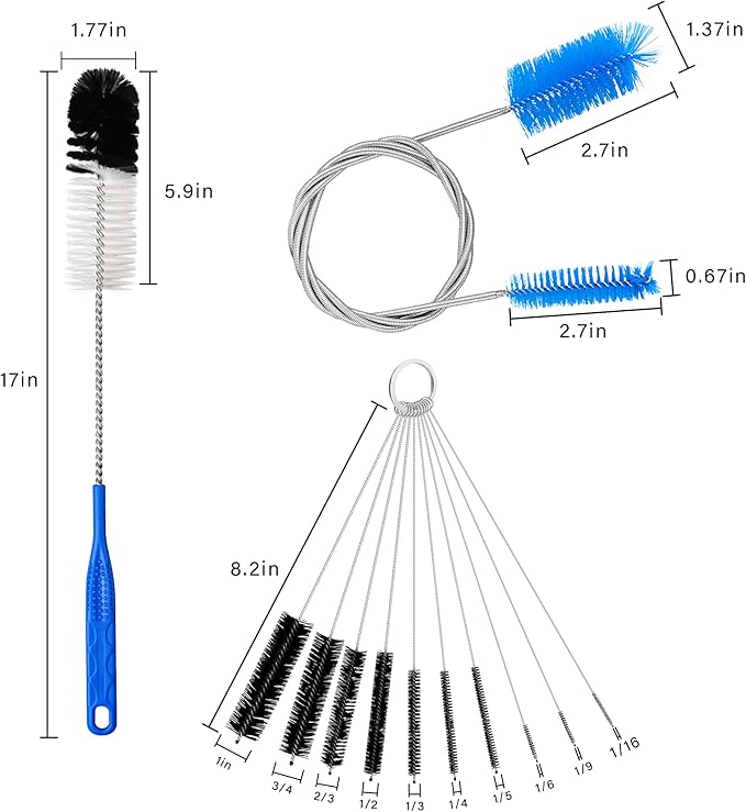 12Pcs Glass Tube Pipe Cleaners Brush Kit,Long Nylon Straw Brush for Glass Funnel and Bottle,17-inch Long Handle,8.2-in Different Diameters Brushes,35-in Flexible Double-Ended Hose Tool (Blue)