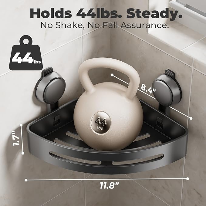 ONXE Corner Shower Caddy Suction Cup,Shower Shelves with Hooks,No Drilling Powerful Upgrade Suction Bathroom Corner Organizers and Storage,Removable Waterproof Rustproof Shower Shelf Bathroom Decor