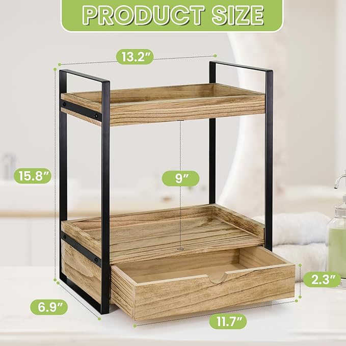 2-Tier Bathroom Organizer Countertop with Drawer, Wood Counter Shelf for Storage, Vanity Tray for Organization and Decor, Countertop Organizer for Bathroom, Kitchen, Office (Brown)