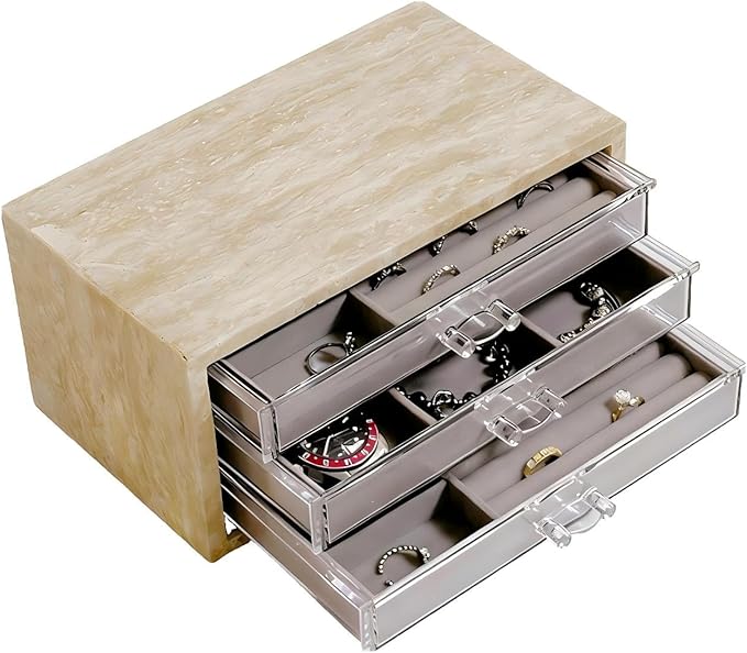 Natural Travertine Jewelry Box with 2 or 3 Drawer Organizers, Velvet Lined Storage for Rings and Necklaces (Small-3)