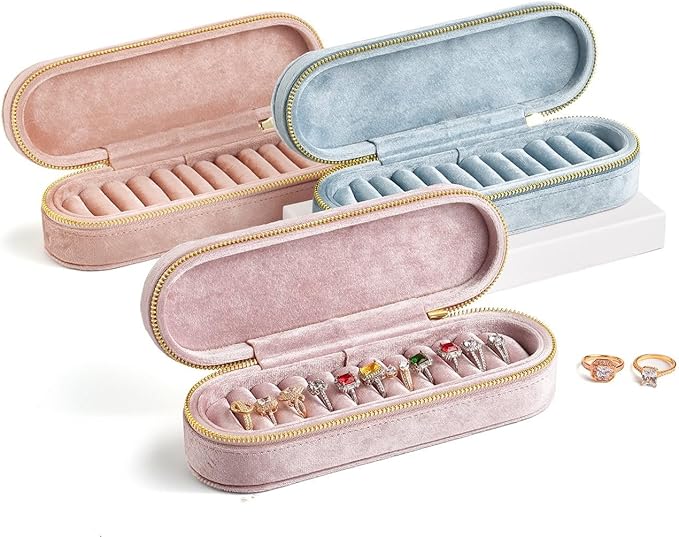 Velvet Ring Earrings Storage Box with 11 Slots, Ear Stud Holder, Zipper Closure Jewelry Organizer (Light Blue)
