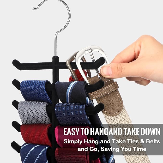 Kathfly 8 Pcs Black Velvet Tie Hanger 360° Rotatable Non Slip Hook Flocked Tie Rack Belt Organizer for Belts and Scarves