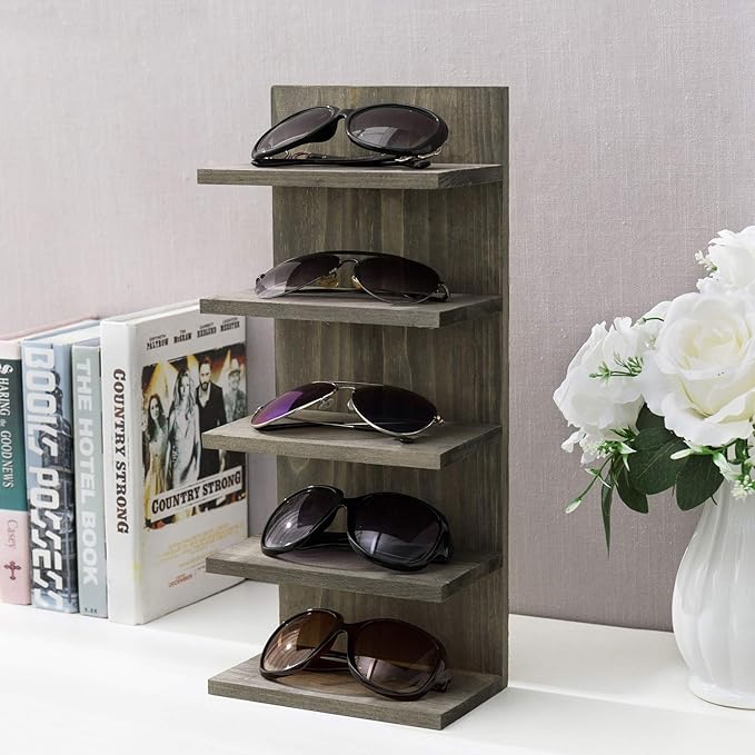 MyGift 5 Tier Vintage Gray Solid Wood Sunglasses Holder Rack, Wall Mounted Eye Glasses Shelf or Tabletop Display Stand, Retail Eyewear Showcase Storage Organizer