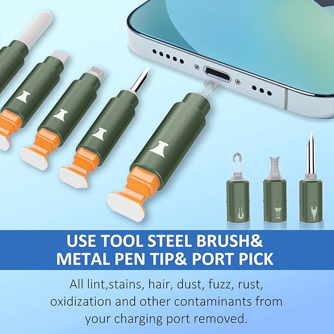 Ordilend for iPhone Cleaning Kit for Charging Port Cleaner, Multi-Tool iPhone Cleaner Repair Lightning Cable, cell Phone Cleaning Kit for iPad, Connector, Speaker, Airpod with Storage Case, Army Green