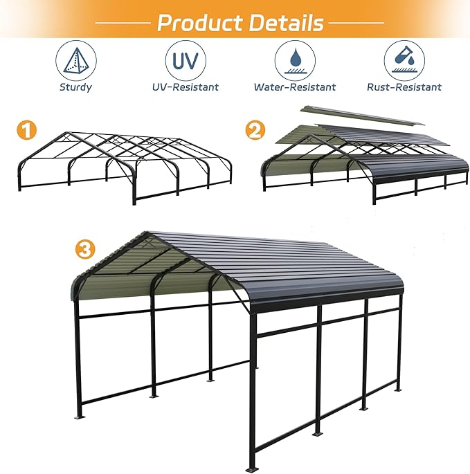 Patiowell 10'x15' Metal Carport, Heavy Duty Carport Canopy with Reinforced Frame and Galvanized Steel Roof, All-Weather Outdoor Car Shelter for Car, Truck, Boat and Tractor, Black