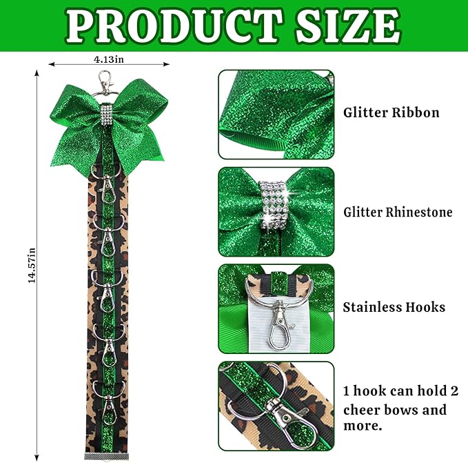 ALIBBON Cheer Bow Holder Glitter Green Leopard Print Hair Bow Holder Cheer Keychain for Cheerleading Backpack Bag Cheerleader Gifts Sports Cheerleading Bows Storage Hanging Ribbon Chain with 5 Clasps