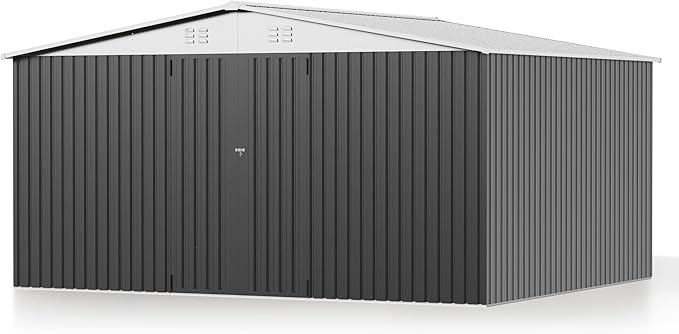 14 x 12FT Outdoor Storage Shed, Metal Waterproof Storage Shed Steel Utility Garden Tool Shed with Door & Lock Outdoor Storage,All-Weather Shelter for Bike, Gardening Tools, Lawn Mowers,White