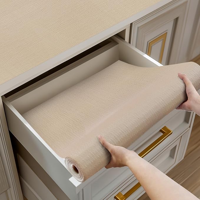 Shelf and Drawer Liner for Kitchen Cabinets Non-Adhesive, Strong Grip Non-Slip Thickened Cabinet Liners for Shelves, Waterproof Mats for Dresser Cupboard, Khaki, 17 in x 30 Feet