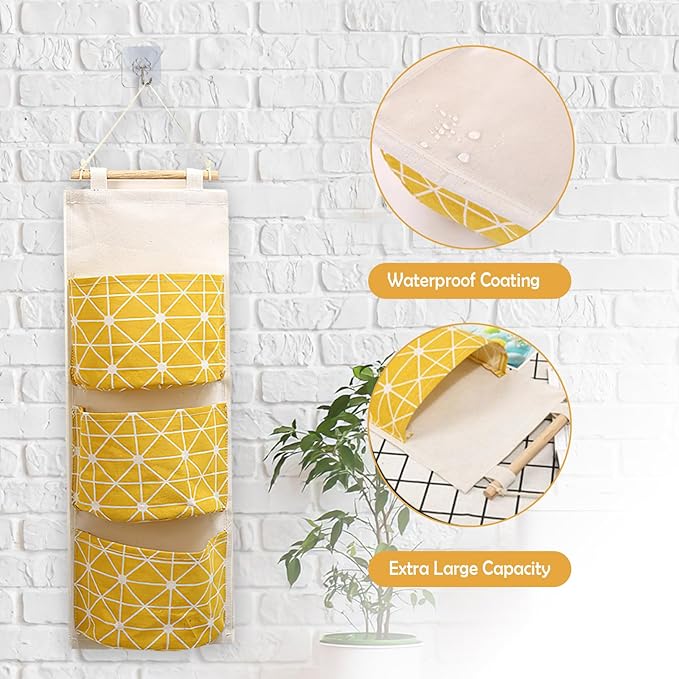 COVRA 3-Pack Wall Hanging Storage Bags – Over-the-Door Organizers with 3 Large Pockets (6.3" × 5.1"), Hanging Closet & Pantry Organizer for Bedroom, Bathroom, Dorm, and More (Yellow)