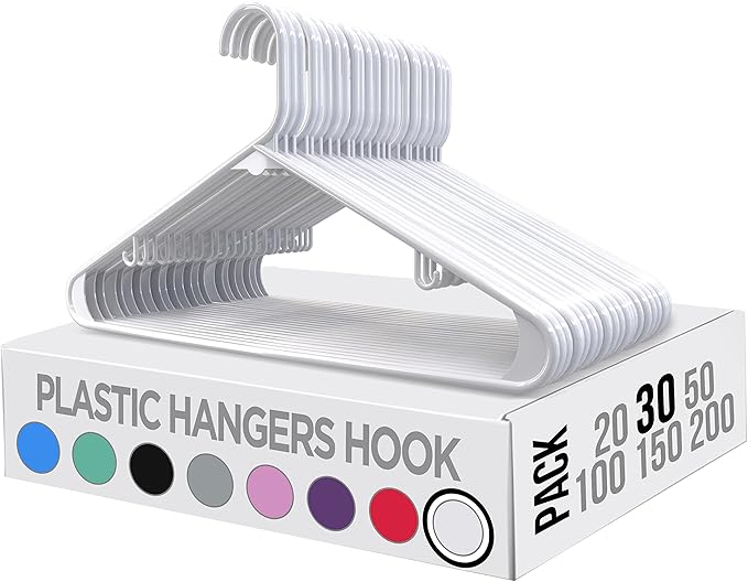 Utopia Home Plastic Hangers 30 Pack - Clothes Hanger with Hooks - Durable & Space Saving (White)
