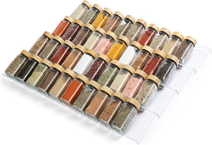 Spice Drawer Organizer 8 Tier, Acrylic Seasoning Organizer Rack, Clear Spice Rack Tray, Kitchen Seasoning Jars Drawers Insert (Jars Not Included/Expandable From 9" to 18")