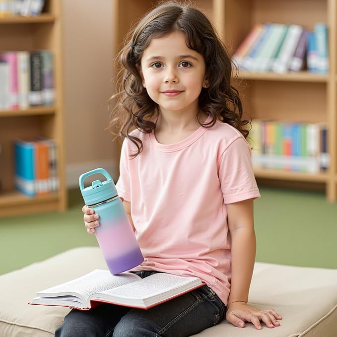 12oz Kids Water Bottle for School, Toddler Water Bottles with Straws, Insulated Water Bottles for Boys&Girls, Stainless Steel Vacuum Insulated Bottle for Kids, Leak-Proof, BPA-Free, Green Gradient
