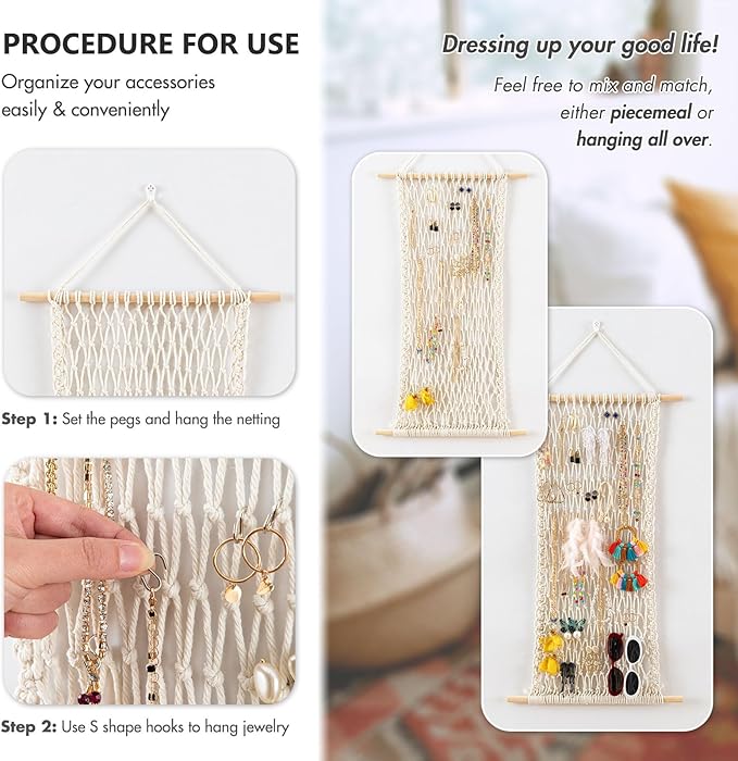 Pretty Jolly Hanging Jewelry Mesh Organizer Macrame Wall Mounted Necklaces Storage Earring Display Rack Girls Hair Clips Hanger with 20 Pieces S Shape Hooks for Bracelets,Necklace and Rings(Twine)