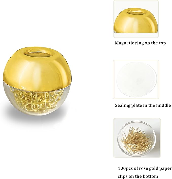 Magnetic Paper Clip Holder, Gold holder with Gold PaperClips 100pcs 28mm(1.1") Cute Office Supplies for Desk Organizer