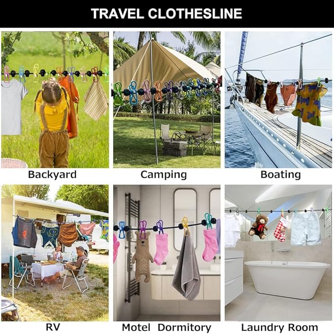 Retractable Travel Clothesline，Portable Clothesline Clothing line with 12 Clothes Clips， for Indoor and Outdoor Laundry Drying line，Outdoor Camping Accessories - with Luminous Buckle (White)