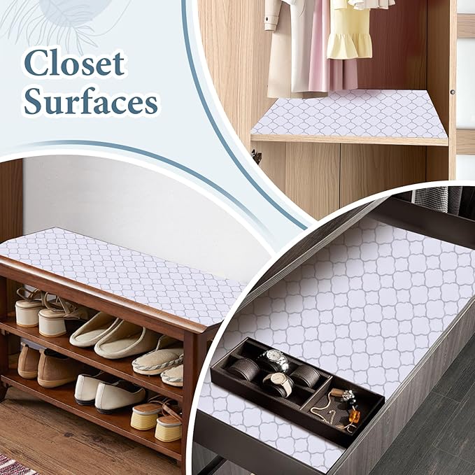 Shelf Drawer Liners for Kitchen Cabinets Non Adhesive Drawer Liner Thickened Refrigerator Liner Silver Quatrefoil Strong Non-Slip Paper for Tool Box with Knife and Tape Measure,17.3 x 236.2 Inches