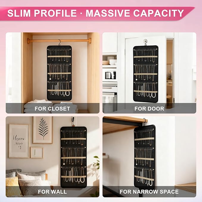 LAKSMI 2 PCS Double-Sided 360° Rotating Earring Organizer Hanging with Necklace Storage, 48 Pockets & 21 Hooks for Door Closet Wall