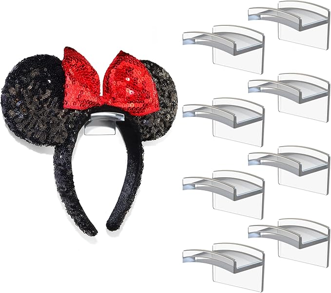 Modern JP Adhesive Hooks for Disney Ears (8-Pack) - Minimalist Disney Ear Holder, No Drilling Headband Holder Design, Strong Hold Headband Organizer - USA Patented, Clear